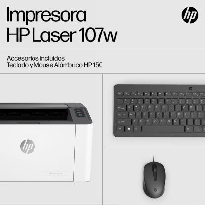 HP Impresora Laser 107w, Láser, Impresión en Negro, Wi-Fi, USB, Impresión y escanéo desde HP Smart App, Apple Air Print, Bandeja de 150 hojas, Pantalla LED (4ZB78A)
