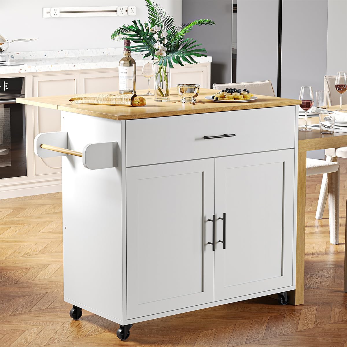 Isla de Cocina Móvil Multifuncional con Ruedas - Abatible,Organizador Integrado Gabinetes,Cajones,Especiero,Toallero Mesa Auxiliar,Almacenamiento Compacto Color de Relieve Blanco