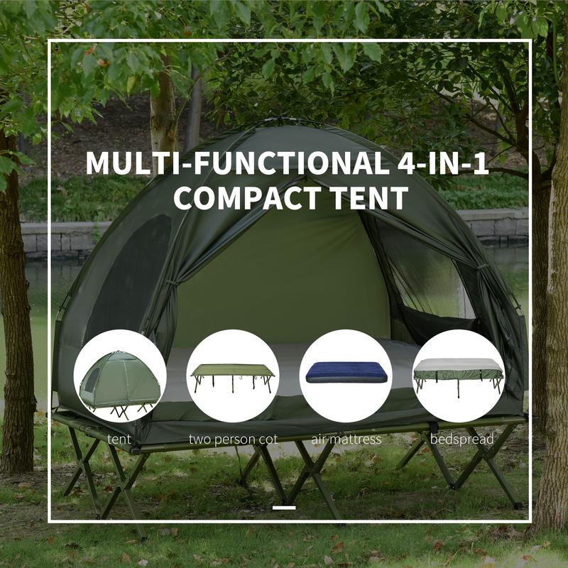 #Summervibes Cama plegable de camping Outsunny para 1/2 persona con tienda de campaña, colcha, colchón de aire grueso, cama de camping elevada 4 en 1 para senderismo al aire libre, picnic y viajes.