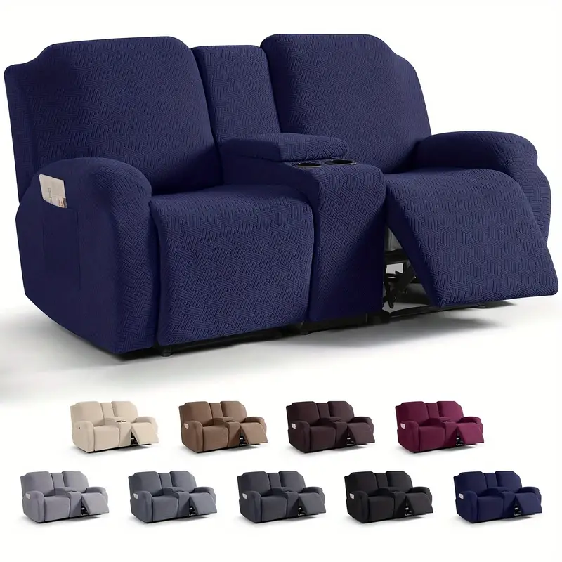 Juego clsico de fundas para silln reclinable de consola central de 8 piezas: polister elstico y spandex con cierre elstico, funda para muebles lavable a mquina de dise?o de una sola pieza para silln de masaje de teatro de 2 asientos