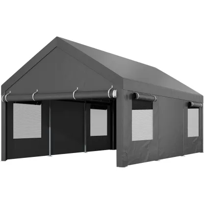 Cobertizo para Auto 10/12x20 ft – Garaje Portátil para Exterior, Toldos de Alta Resistencia con Ventanas Ventiladas y Laterales Removibles, Protección contra Humedad para Vehículos, Fiesta, Campamento o Herramientas, PVC Duradero, Gris/Blanco