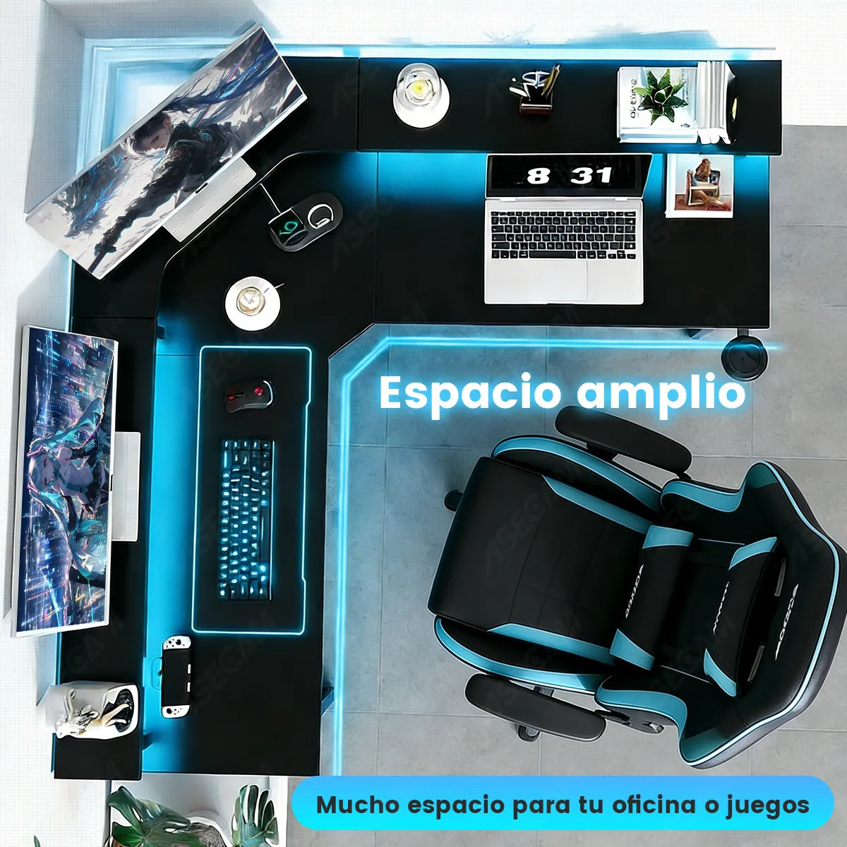 Escritorio Gamer En Forma De L Con Luz Led , Toma Y Soporte