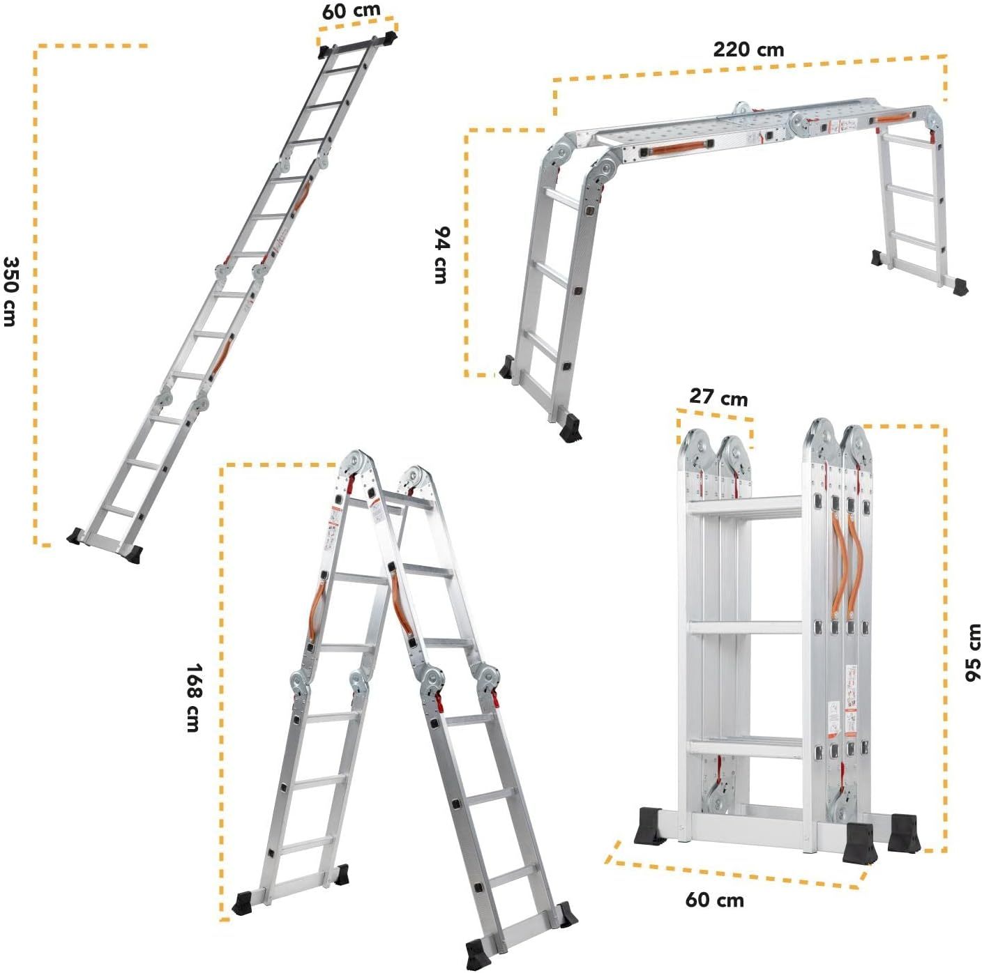 Kingsman | Escalera Multiposiciones 12 Peldaños con Charolas – Soporta hasta 150 kg – Escalera de Aluminio 3.5 MTS – Plegable – Escalera Multipropósito – Tipo Tijera – Andamio – Escalera Recta