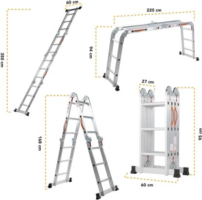 Kingsman | Escalera Multiposiciones 12 Peldaños con Charolas – Soporta hasta 150 kg – Escalera de Aluminio 3.5 MTS – Plegable – Escalera Multipropósito – Tipo Tijera – Andamio – Escalera Recta