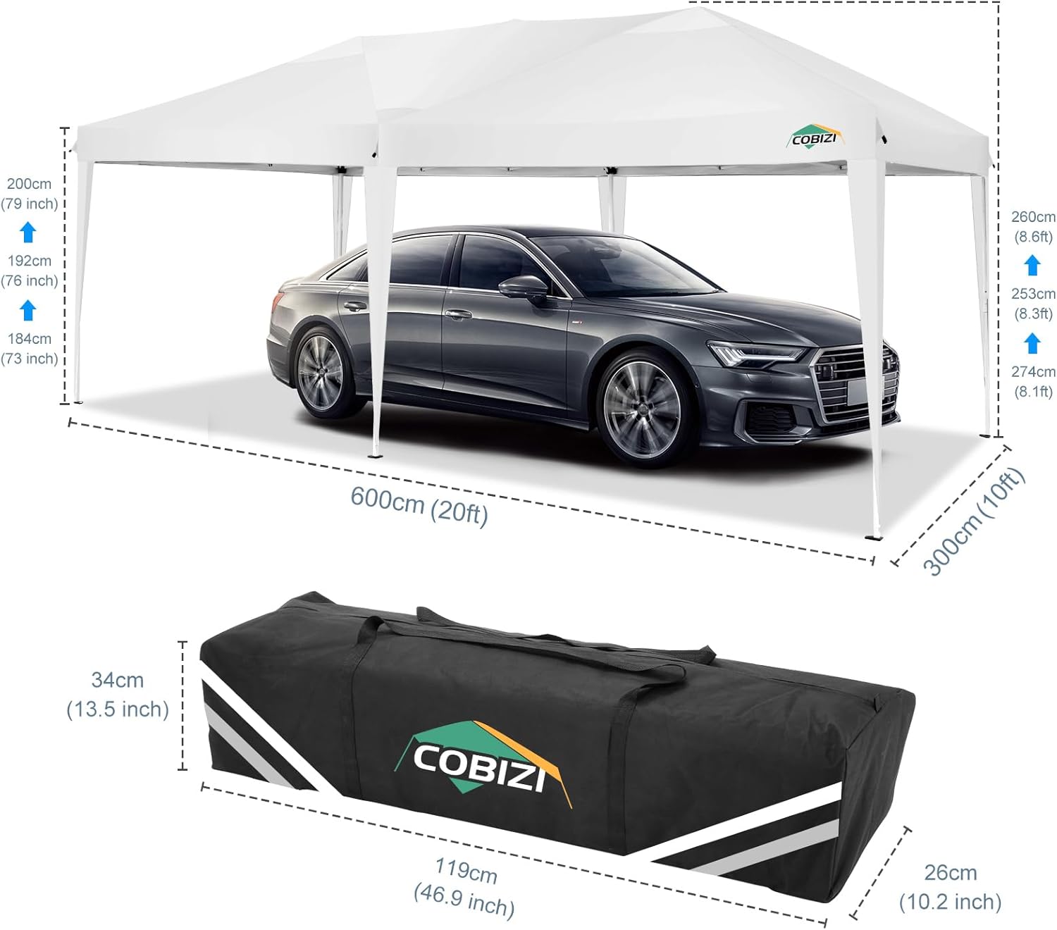 COBIZI - Toldo desplegable de 10 x 20 Pulgadas con 6 Paredes Laterales, toldo Impermeable para Eventos al Aire última intervensión, UPF 50+ cenador portátil para Fiestas, Playa, Camping, Boda,