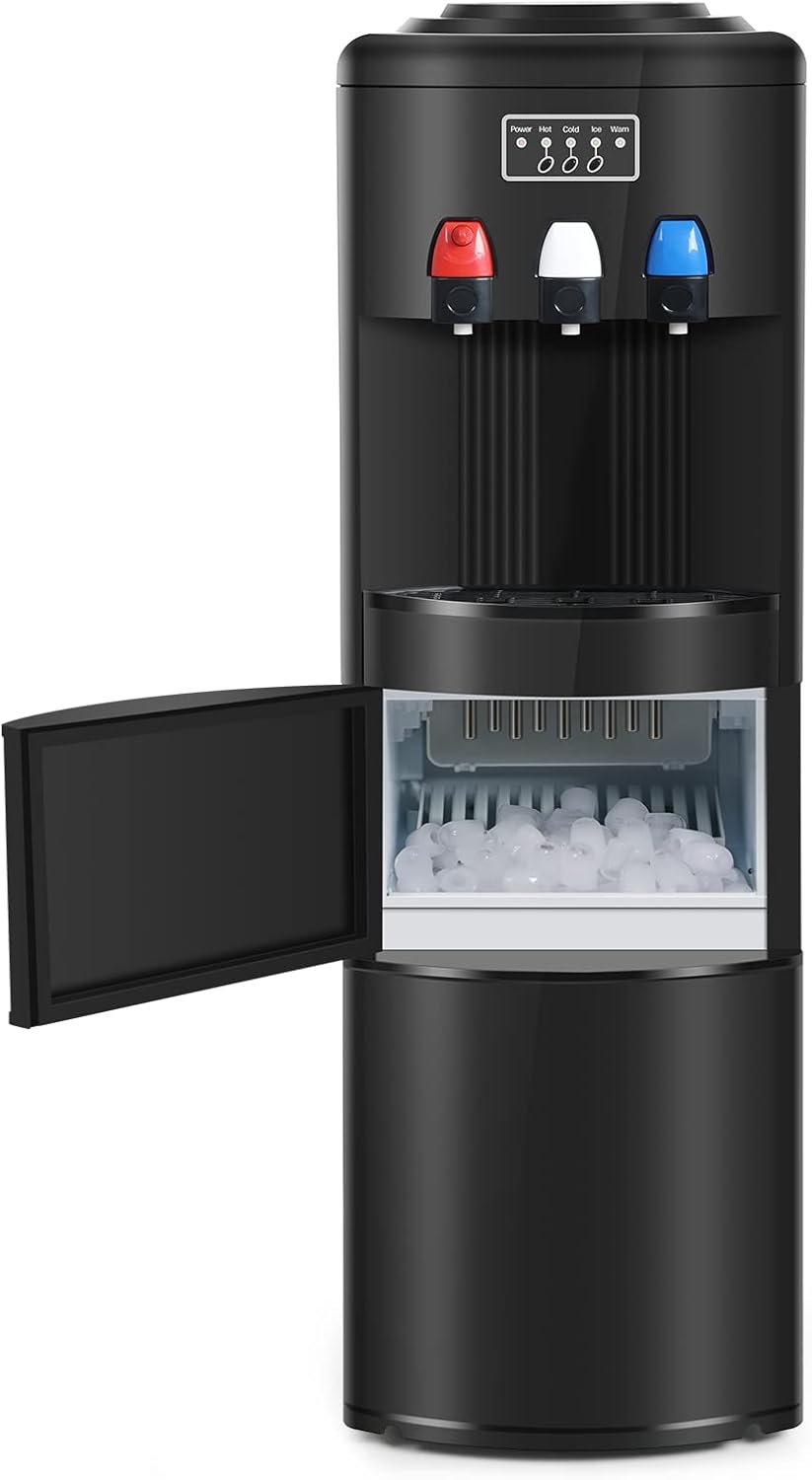 ICEPURE - Dispensador de agua 3 en 1 con máquina de hielo integrada, agua caliente y fría temperatura y hielo bala, carga superior de 2, 3 o 5 galones, 24 libras por máquina de hielo de 24 horas,