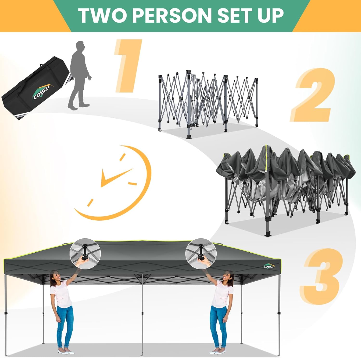 COBIZI - Tienda de campaña desplegable de 10 x 20 Pulgadas, Tienda de campaña instantánea Comercial para Bodas, Fiestas con 3 Altura Ajustable, toldo Ez Up para Exteriores, Impermeable, UPF50+ con