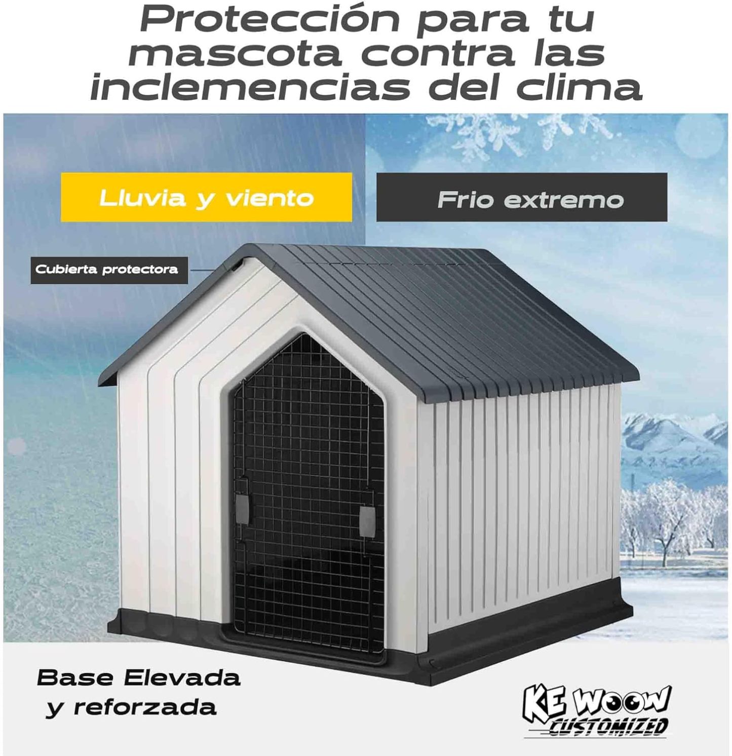 KE WOOW Casa para Perros Medianos y Chicos Premium, Térmica, con Puerta Metálica, Repelente al Clima, Base Elevada, Armable, Color Azul, Incluye Colchón y Juguete de Regalo, 62 x 62 x 60 cm