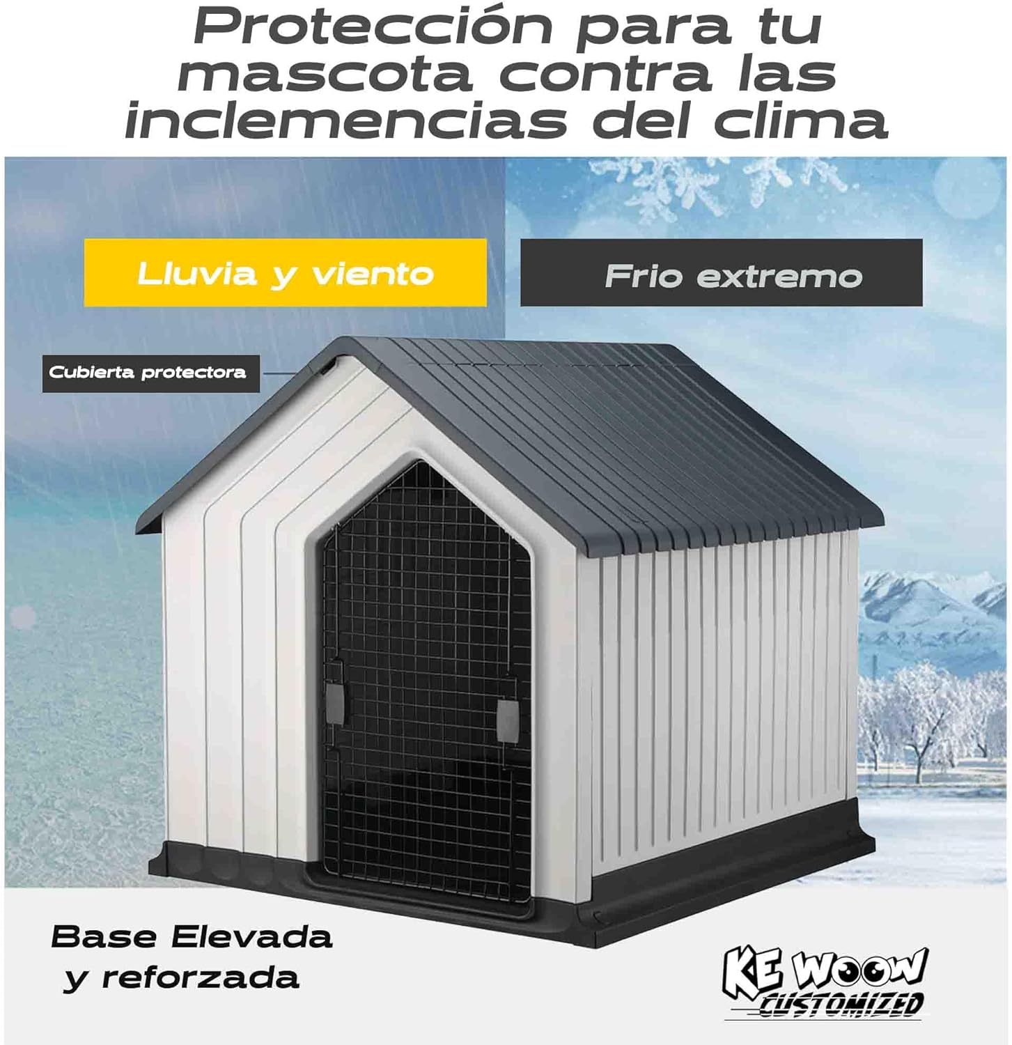 KE WOOW Casa para Perros Medianos y Chicos Premium, Térmica, con Puerta Metálica, Repelente al Clima, Base Elevada, Armable, Color Azul, Incluye Colchón y Juguete de Regalo, 62 x 62 x 60 cm