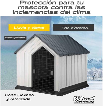 KE WOOW Casa para Perros Medianos y Chicos Premium, Térmica, con Puerta Metálica, Repelente al Clima, Base Elevada, Armable, Color Azul, Incluye Colchón y Juguete de Regalo, 62 x 62 x 60 cm
