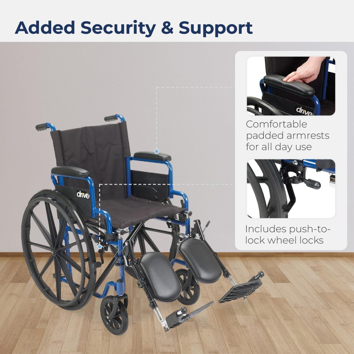Drive Medical BLS20FBD-ELR Blue Streak Wheelchair with Flip Back Desk Arms and Elevating Leg Rests, Blue