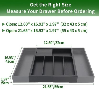 VaeFae Cocina, soporte para utensilios extensibles y bandeja de cubiertos con Divider de 13" -21,6 "de superficie plana y bloque de cuchildesmontable (negro)