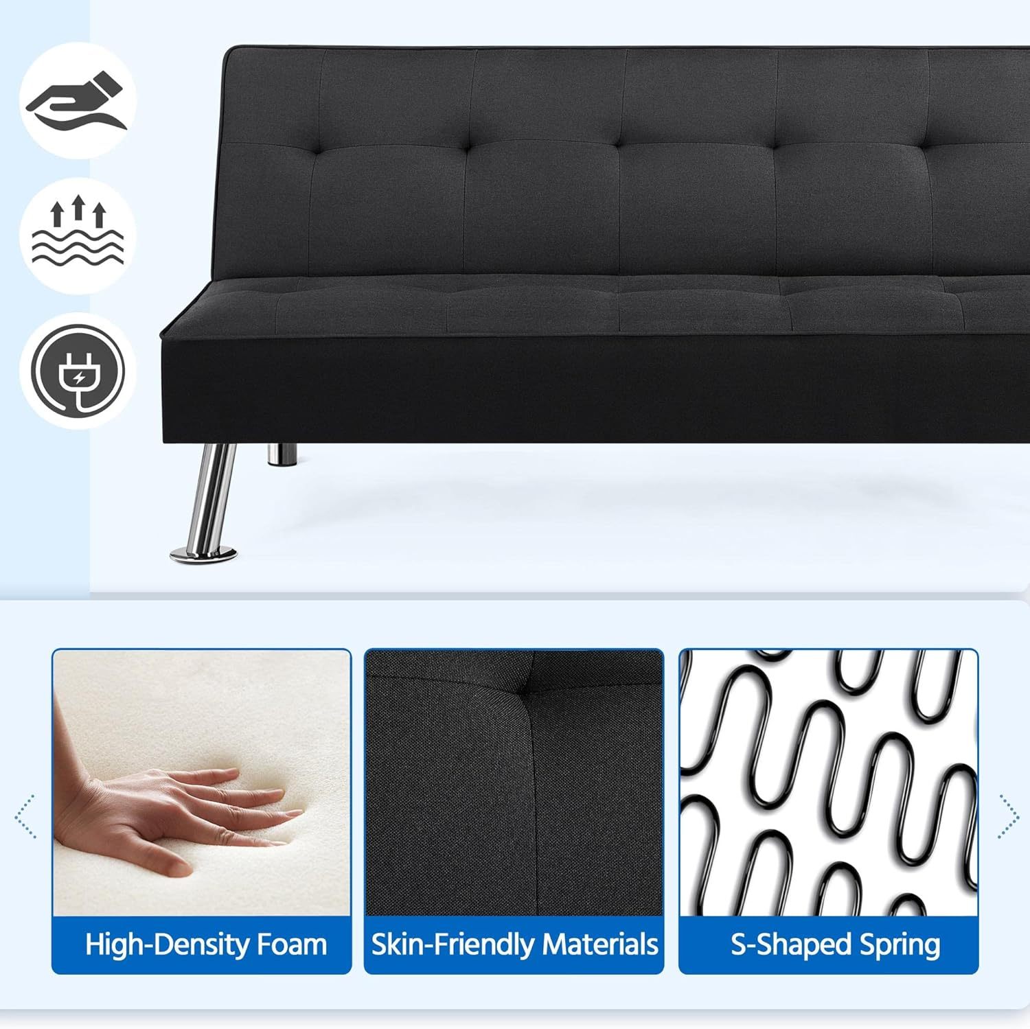 Yaheetech - Sofá Cama Convertible Moderno con 2 Puertos de Carga USB Integrados de Tela, Patas de Metal, 3 ángulos Ajustables para una Vida compacta, Departamento, recámara, habitación Extra Gris