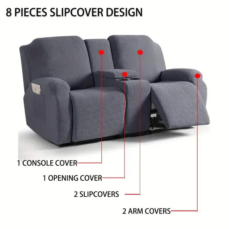 Juego clsico de fundas para silln reclinable de consola central de 8 piezas: polister elstico y spandex con cierre elstico, funda para muebles lavable a mquina de dise?o de una sola pieza para silln de masaje de teatro de 2 asientos