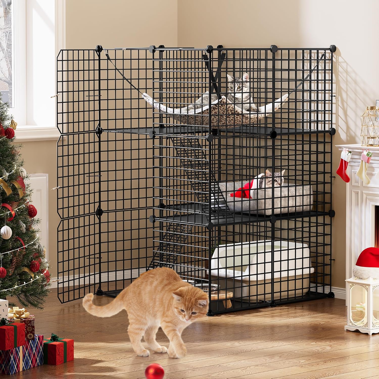 YITAHOME - Jaula Grande para Gatos con Cubo de Almacenamiento, Caja para Interiores de Metal con Hamaca para múltiples Mascotas, 4 Niveles de Perrera de Gato Negro, 140 x 140 x 140 cm
