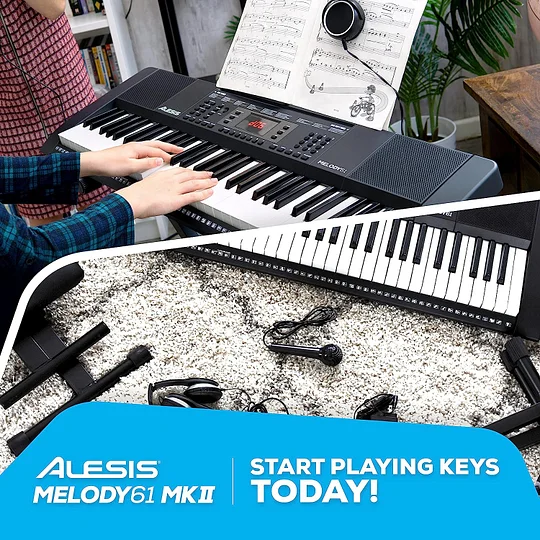 Alesis Melody 61 - Piano eléctrico con 61 teclas, Teclado Musical con altavoces, audífonos, micrófono, soporte para piano, atril y taburete