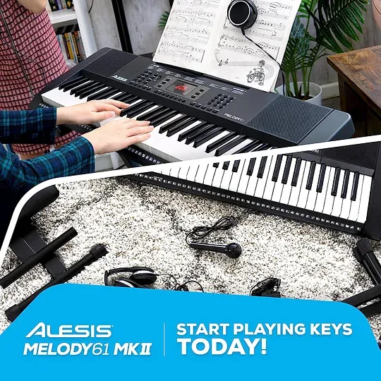 Alesis Melody 61 - Piano eléctrico con 61 teclas, Teclado Musical con altavoces, audífonos, micrófono, soporte para piano, atril y taburete
