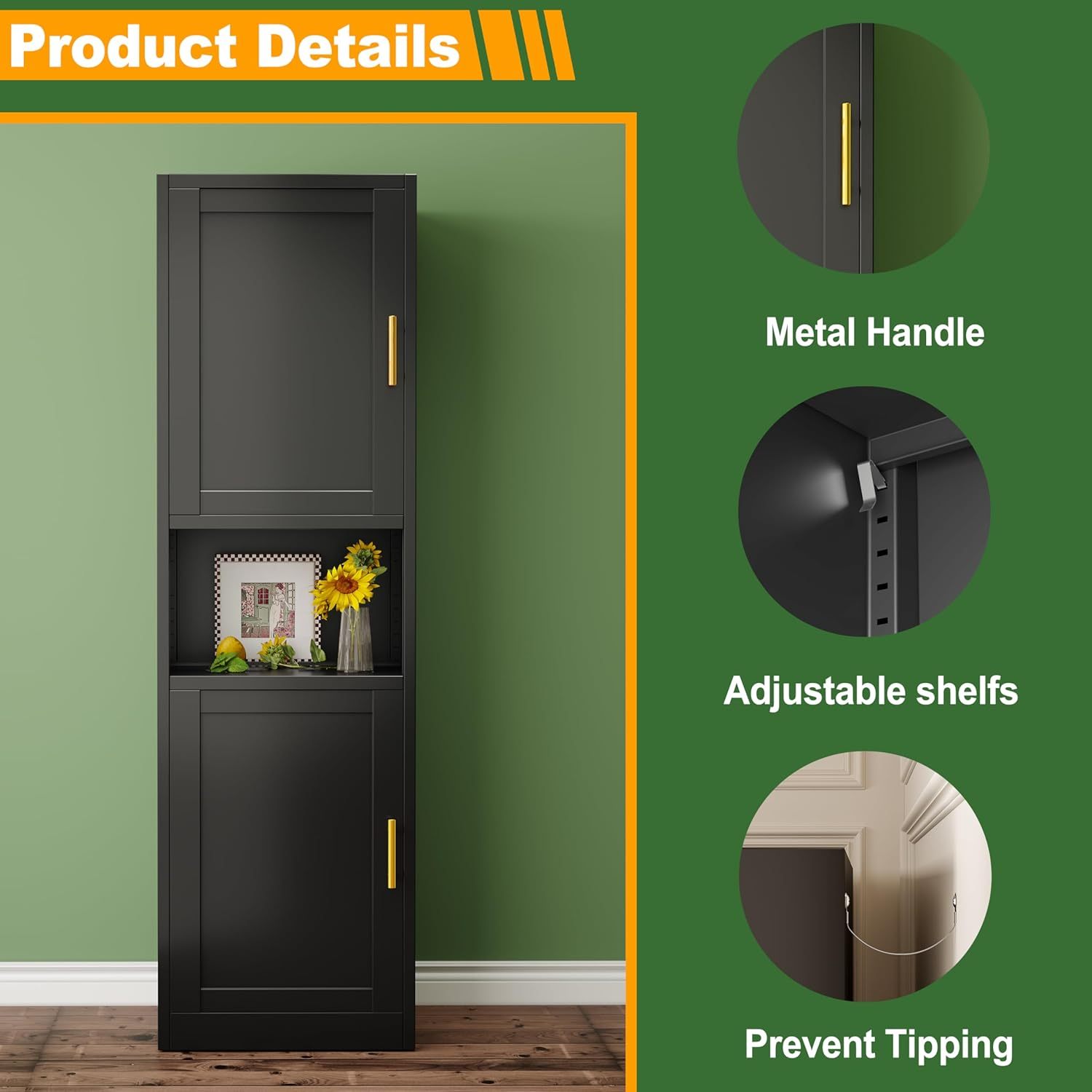 Ckzbx Gabinete de cocina de metal de 61 pulgadas de alto con 4 puertas, armarios de baño, 2 estantes ajustables para cocina, oficina en casa, sala de estar, comedor (negro)