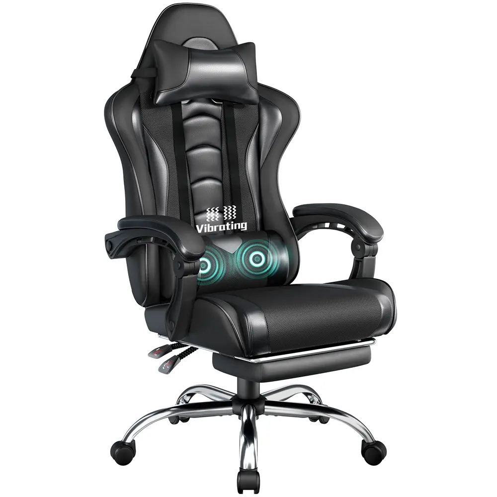 Silla Gamer Ergonómica con Soporte Lumbar de Masaje, Reposapiés Retráctil y Reposacabezas – Silla de Oficina Reclinable de Cuero PU, Silla de Escritorio Giratoria con Ruedas para Gamers de Gran Estatura