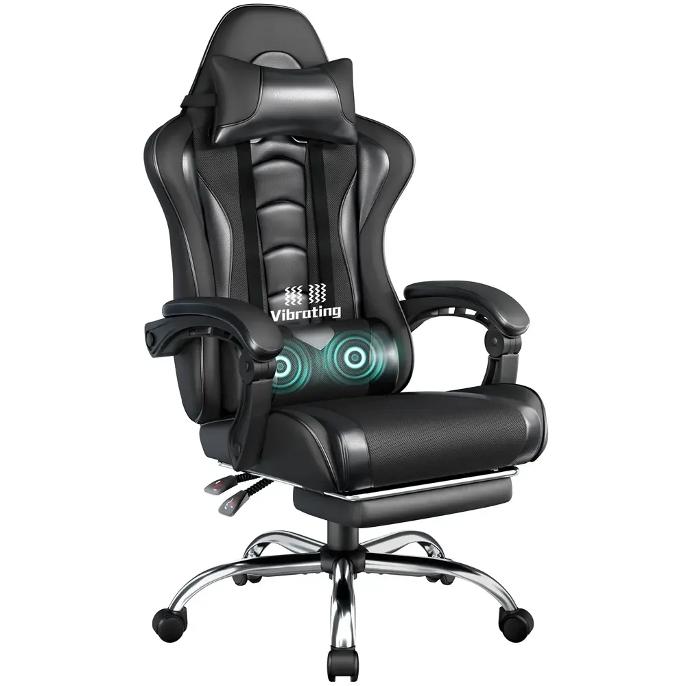 Silla Gamer Ergonómica con Soporte Lumbar de Masaje, Reposapiés Retráctil y Reposacabezas – Silla de Oficina Reclinable de Cuero PU, Silla de Escritorio Giratoria con Ruedas para Gamers de Gran Estatura
