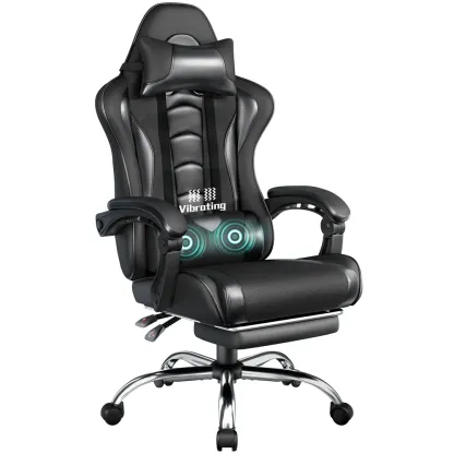 Silla Gamer Ergonómica con Soporte Lumbar de Masaje, Reposapiés Retráctil y Reposacabezas – Silla de Oficina Reclinable de Cuero PU, Silla de Escritorio Giratoria con Ruedas para Gamers de Gran Estatura