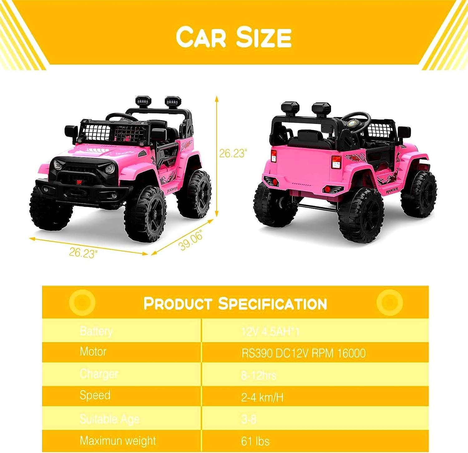 Hetoy Ride on Truck Car 12V Kids Electric Vehicles with Remote Control Spring Suspension, LED Lights, Bluetooth, 2 Speeds