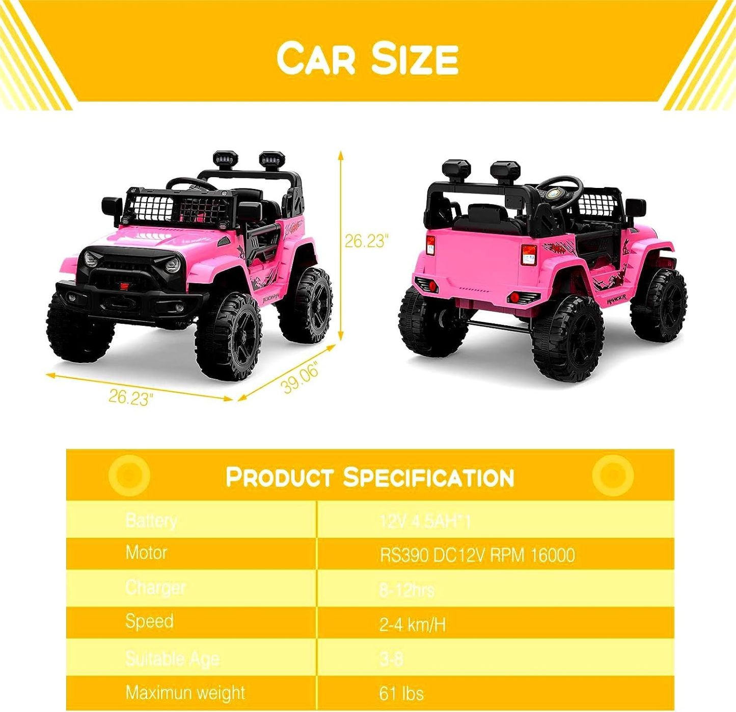 Hetoy Ride on Truck Car 12V Kids Electric Vehicles with Remote Control Spring Suspension, LED Lights, Bluetooth, 2 Speeds