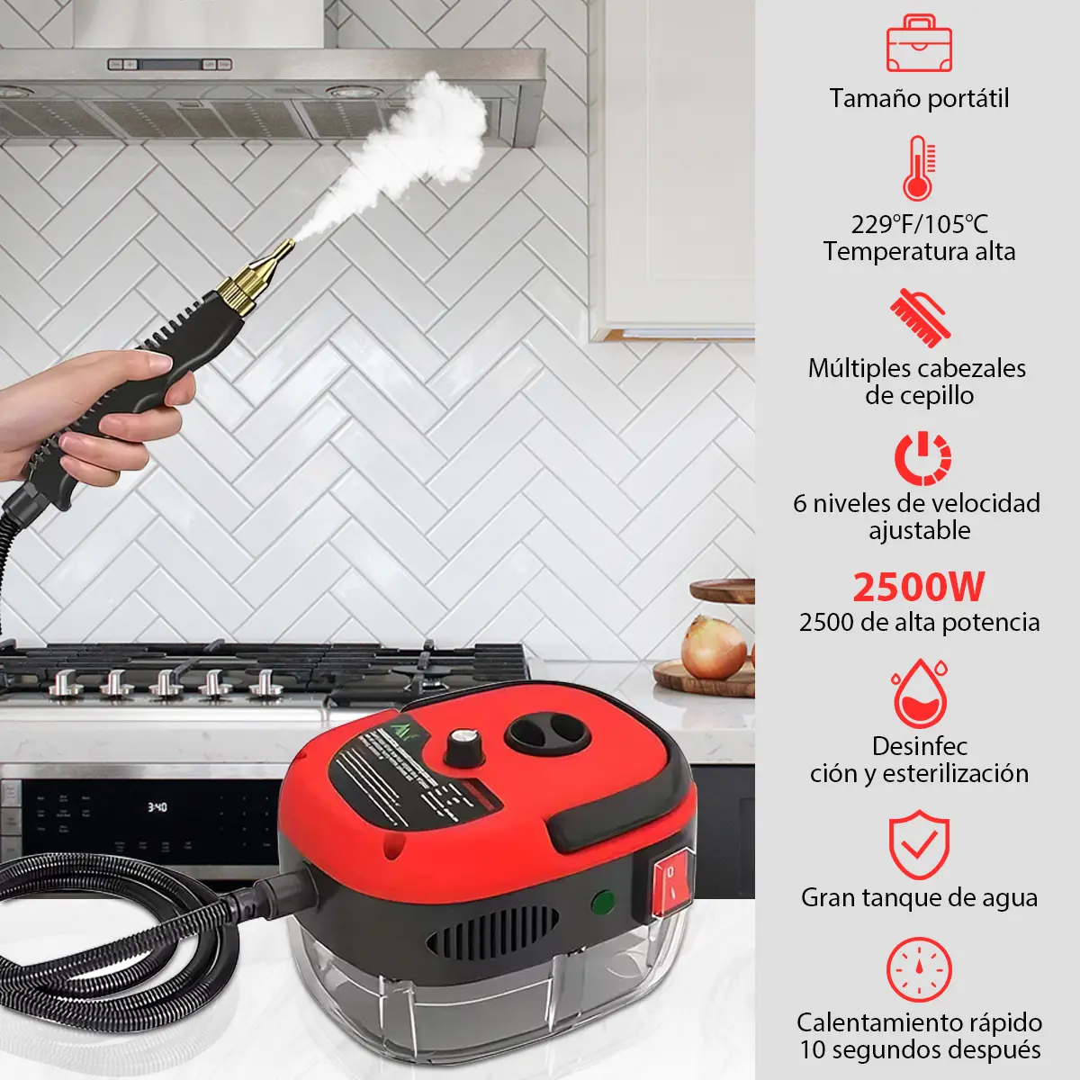 Limpiador de Vapor de Alta Presión, Máquina de Limpieza de Vapor de 2500W Portátil de Alta Temperatura para Baño, Humedad Ajustable para Uso Doméstico, Cocina, Grasa, Detalles de Coche