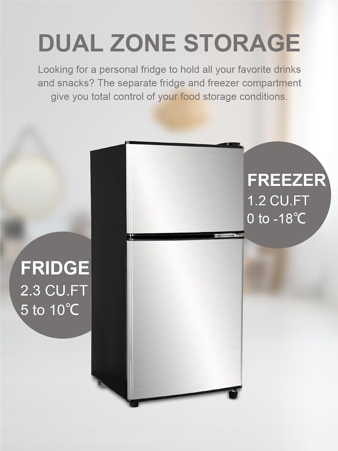 ❄️ KRIB BLING Refrigerador Compacto 3.5 Pies Cúbicos con Congelador Integrado, Doble Puerta, Termostato Ajustable 7 Niveles, Ahorro de Energía, Color Plateado