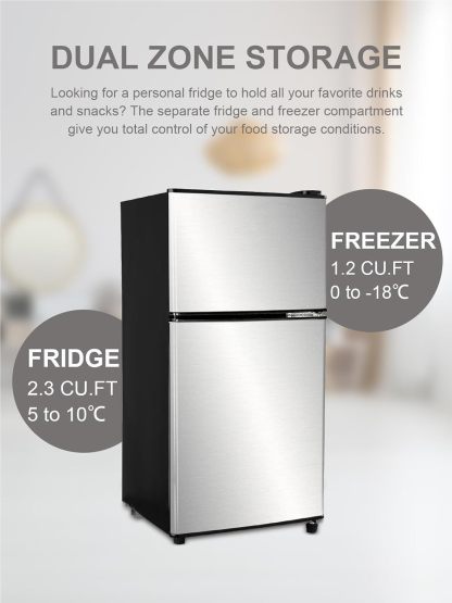 ❄️ KRIB BLING Refrigerador Compacto 3.5 Pies Cúbicos con Congelador Integrado, Doble Puerta, Termostato Ajustable 7 Niveles, Ahorro de Energía, Color Plateado