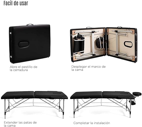 VANLIG | Cama de Masajes Portátil Profesional | Plegable y Ajustable | Base de Aluminio | para SPA, Reiki, Tatuajes y Belleza | Color Negro