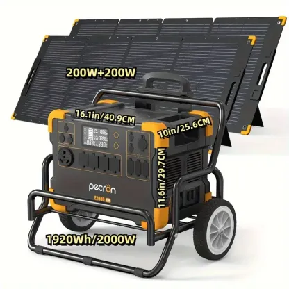 Estación de energía portátil PECRON E2000LFP 1920Wh/2000W con kit de carrito de panel solar de 400W, 16 puertos de salida/6 tomacorrientes de CA de 110V/2 salida de CC/PD 100W UBS-C Carga rápida Generador solar Batería