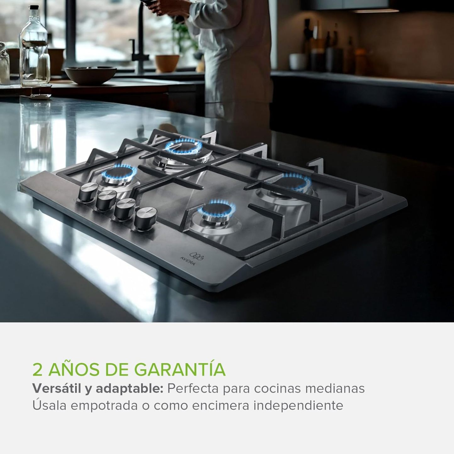 AVERA Parrilla de Gas 4 Quemadores, Acero Inoxidable 60cm (Incluye Accesorios para Instalarla), Encendido Electronico, Perillas Metalicas, Estufa Empotrable, para Gas LP y Gas Natural, AI4