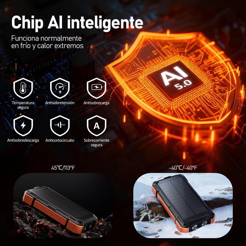 49800mAh Banco de energía solar portátil con carga rápida de 22.5W y carga inalámbrica de 15W, 4 cables integrados, 6 salidas y 2 entradas. Potente y versátil, ideal para viajes, campamentos y emergencias. banco de energía solar, energía portátil, tecnolo