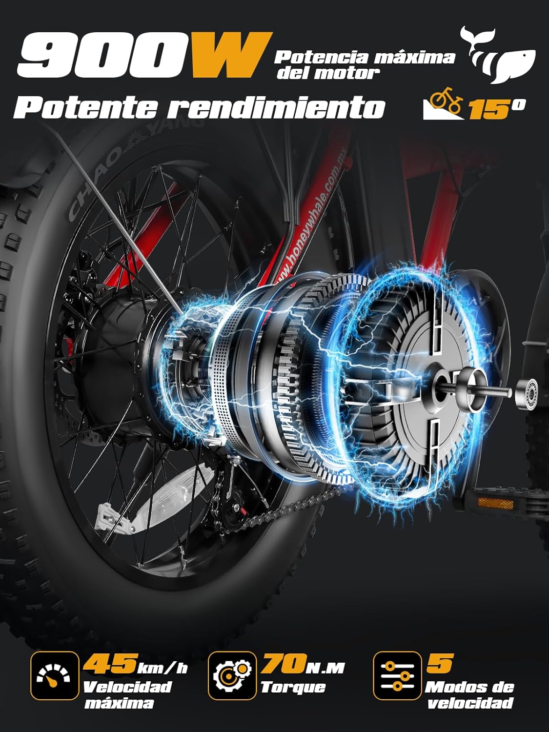 HONEYWHALE F6S Bicicleta Eléctrica Plegable para Adultos, Bicicleta de montaña de 7 Velocidades, Motor 900W-Max, Velocidad Máxima 45KM/H, Autonomía 50KM, Batería Extraíble (54.6V, 10.4AH)
