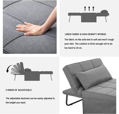 Sofá Cama, Cama otomana Plegable multifunción 4 en 1, Moderna Silla Convertible con Respaldo Ajustable, para Sala de Estar, Departamento pequeño, Gris Claro