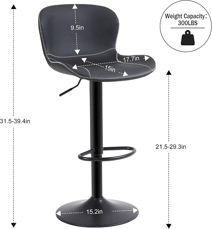 Youhauchair - Juego de 2 taburetes de bar de piel sintética con respaldo y sillas giratorias de altura ajustable, moderno taburete de cocina sin brazos, color negro
