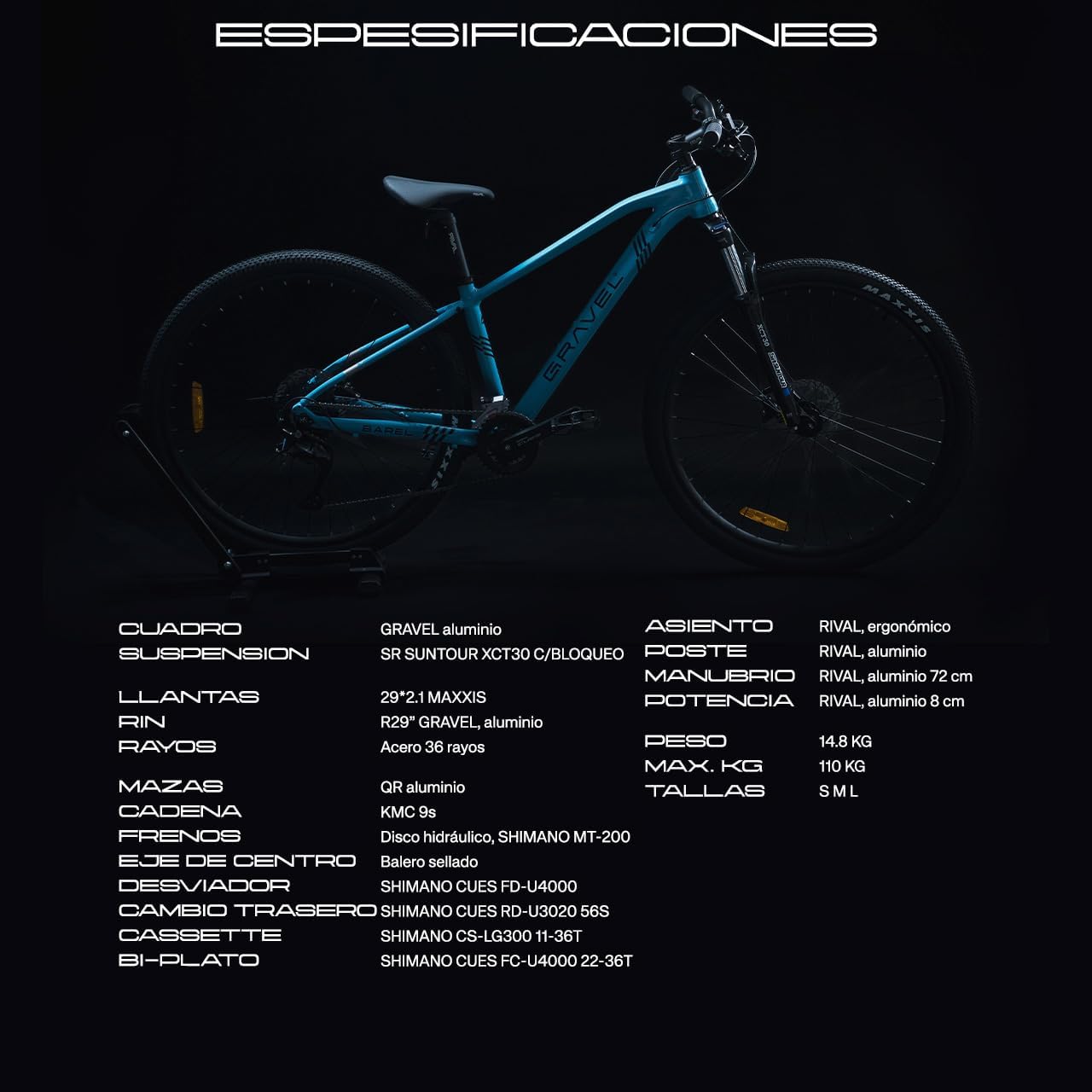GRAVEL Bicicleta de Montaña Barel | Bicicleta R29 - Cuadro Aluminio 15 kg | Transmisión Cues 18V | Frenos Hidráulicos y Llantas Kenda