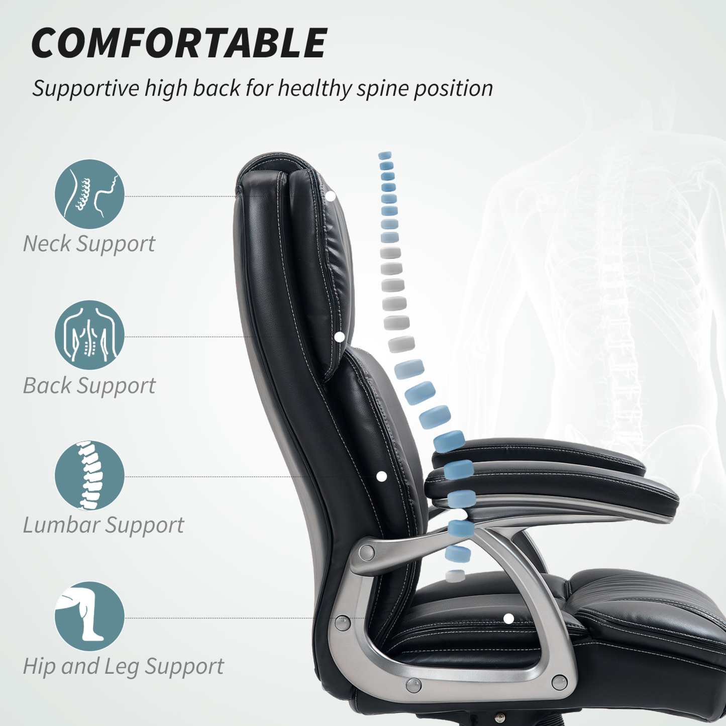 HOMCOM Silla de Oficina con Respaldo Alto, Silla de Ordenador Giratoria Inclinable