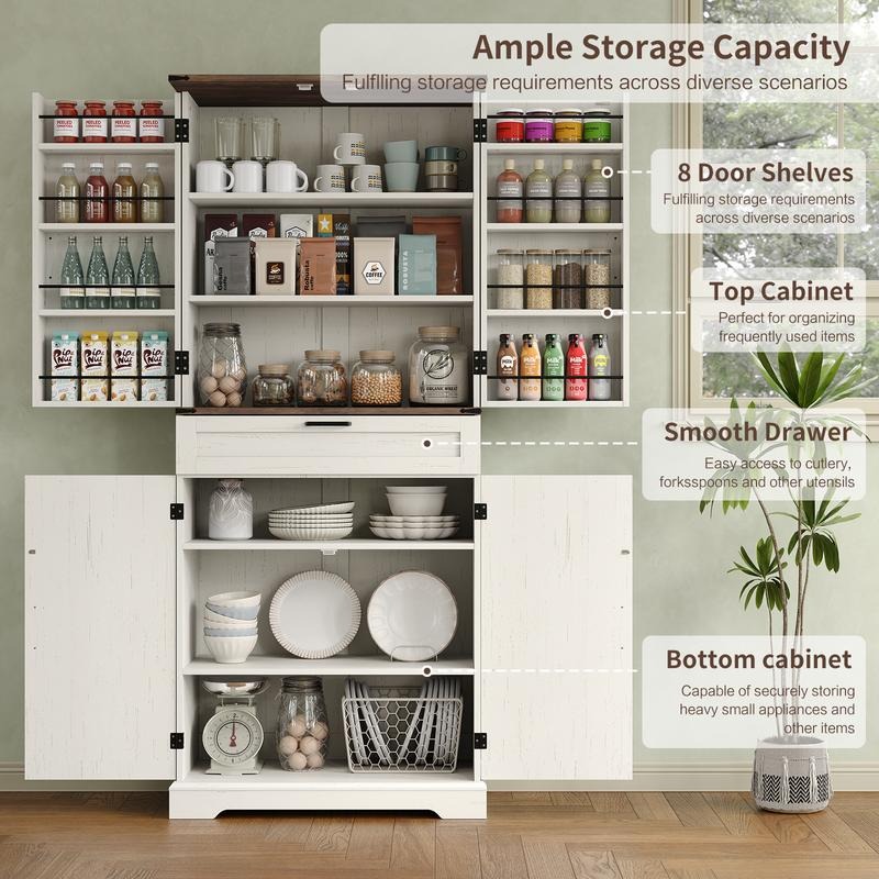 Armario despensero de cocina de 72 pulgadas, mueble de almacenamiento alto con 8 estantes en las puertas, 2 compartimentos y 1 cajón.