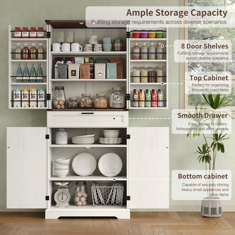 Armario despensero de cocina de 72 pulgadas, mueble de almacenamiento alto con 8 estantes en las puertas, 2 compartimentos y 1 cajón.
