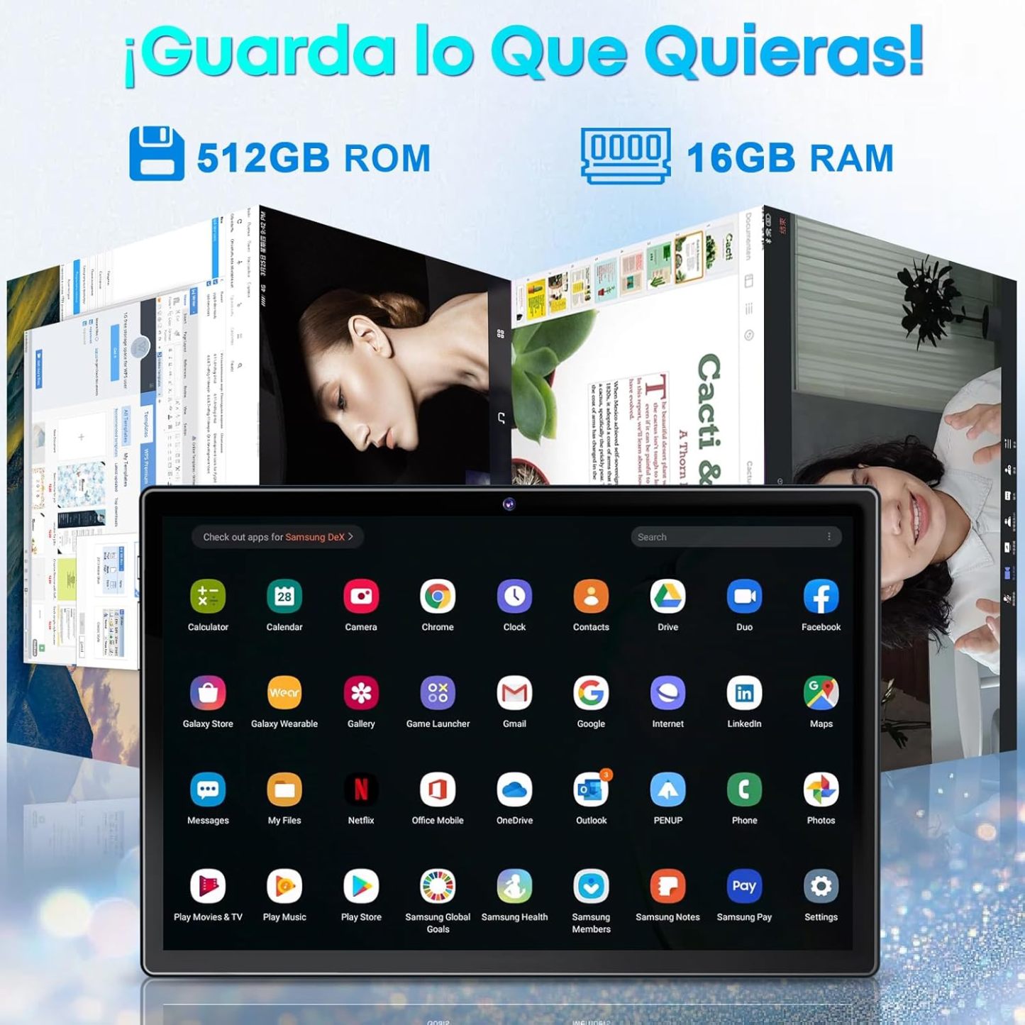 Tablet Android 14, 10.1 Pulgadas Tablets de 8 CPU, 16GB RAM 512GB ROM, 1280x800 HD, Tableta con Cámara Dual 8MP + 5MP, 8000mAh con 2 Protector Pantalla, Teclado, Funda, Mouse Inalámbrico, Lápiz (Azul)