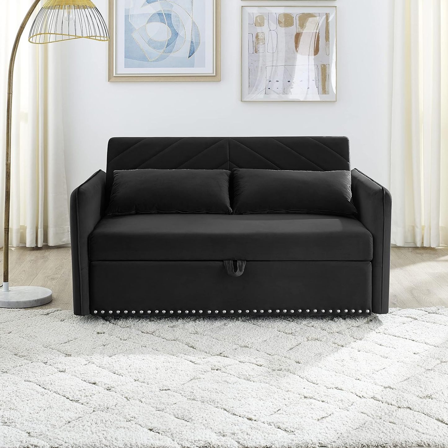 Miscoos - Sofá Cama de Terciopelo con Puerto USB 3 en 1 Ajustable, tirón, 2 Almohadas Lumbar, Bolsillo Lateral, Adecuado para Sala de Estar, recámara, Color Negro