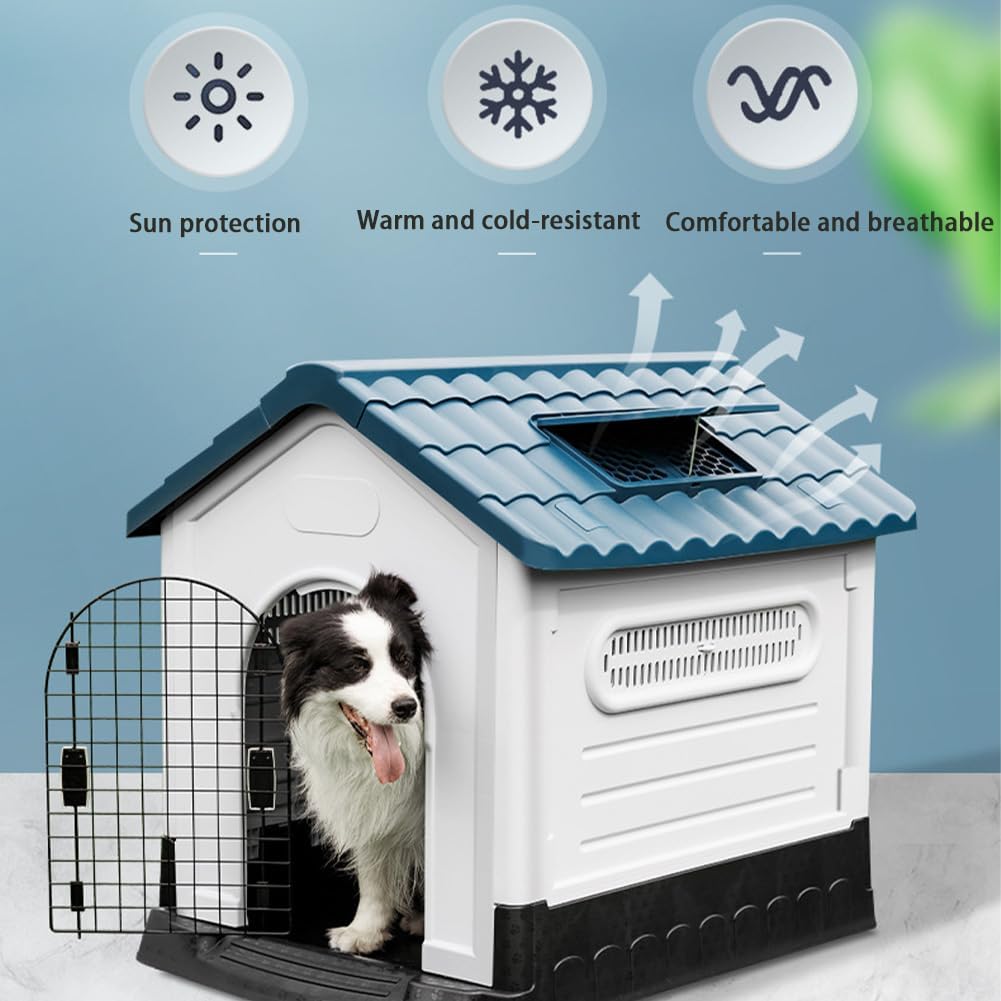 JIUSILIFE Casa Grande para Perros, Casa para Perros Tanto para Interior como para Exterior, con Techo Solar Ajustable Y Base Elevada, Fácil Montar, con Aseo, Casa Plegable Impermeable,Gray,M