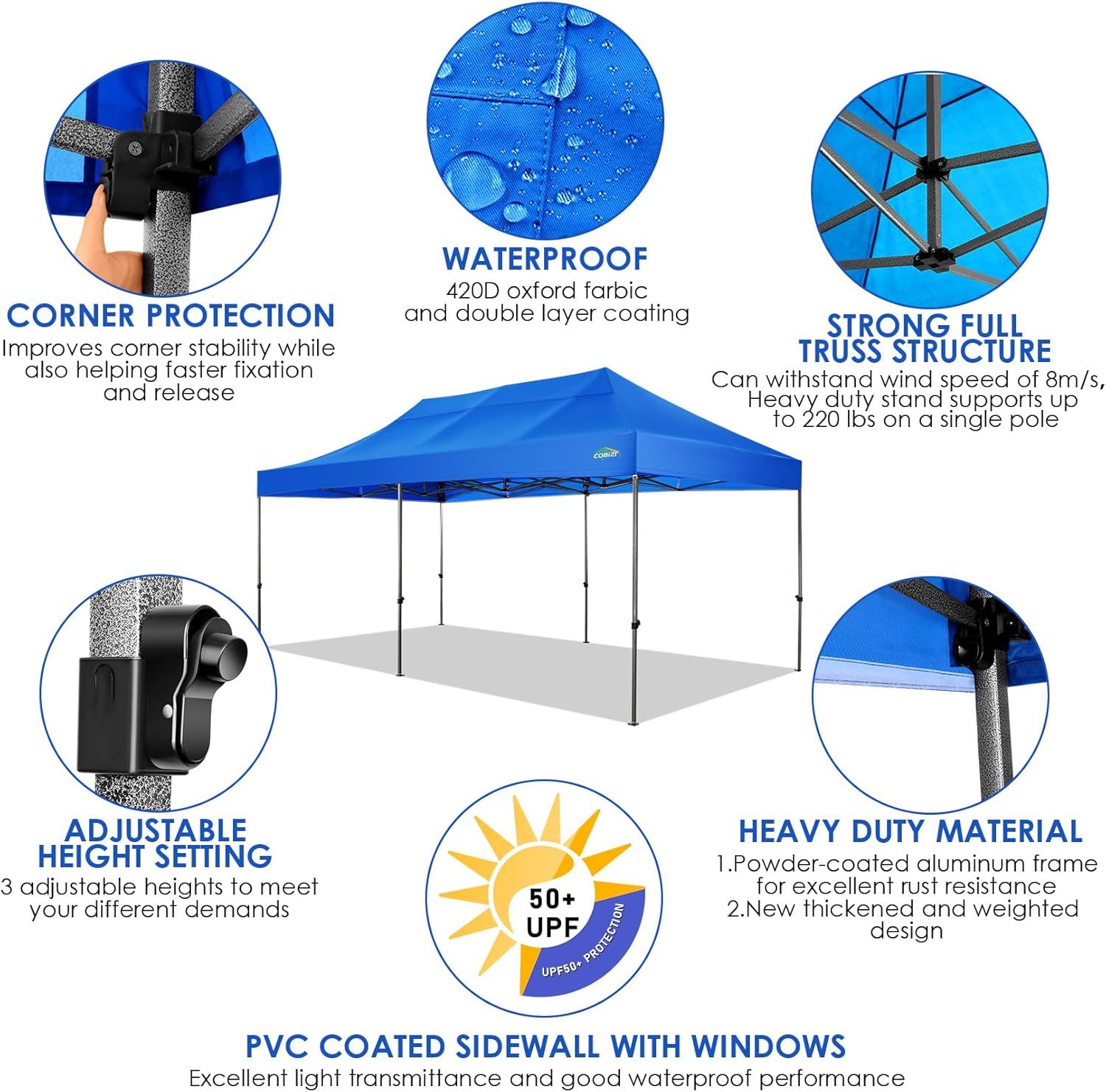 COBIZI - Toldo desplegable de 10 x 20 Pulgadas con 6 Paredes Laterales, toldo Impermeable para Eventos al Aire última intervensión, UPF 50+ cenador portátil para Fiestas, Playa, Camping, Boda,