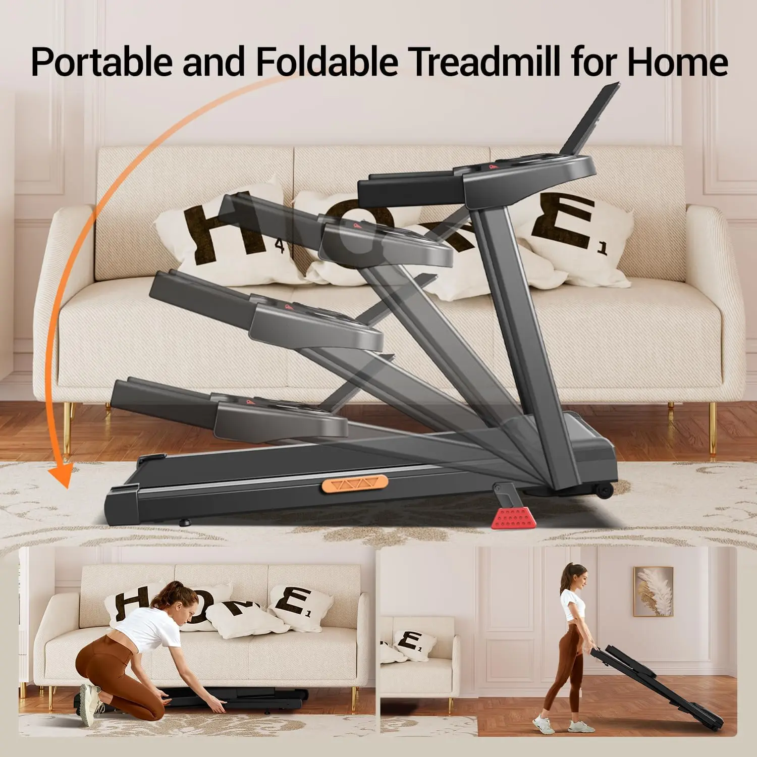 Cinta de correr plegable inclinada, 0,6-7 MPH para el hogar, cintas de correr de 3,0 HP, pantallas, almohadilla para caminar portátil con asa, capacidad de 300 libras.