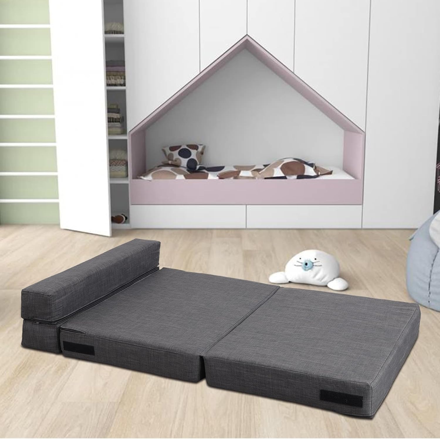 Silla reclinable Anoner, sofá cama plegable de 152 cm, diván con 2 cojines, funda lavable de espuma viscoelástica tamaño queen, color gris claro