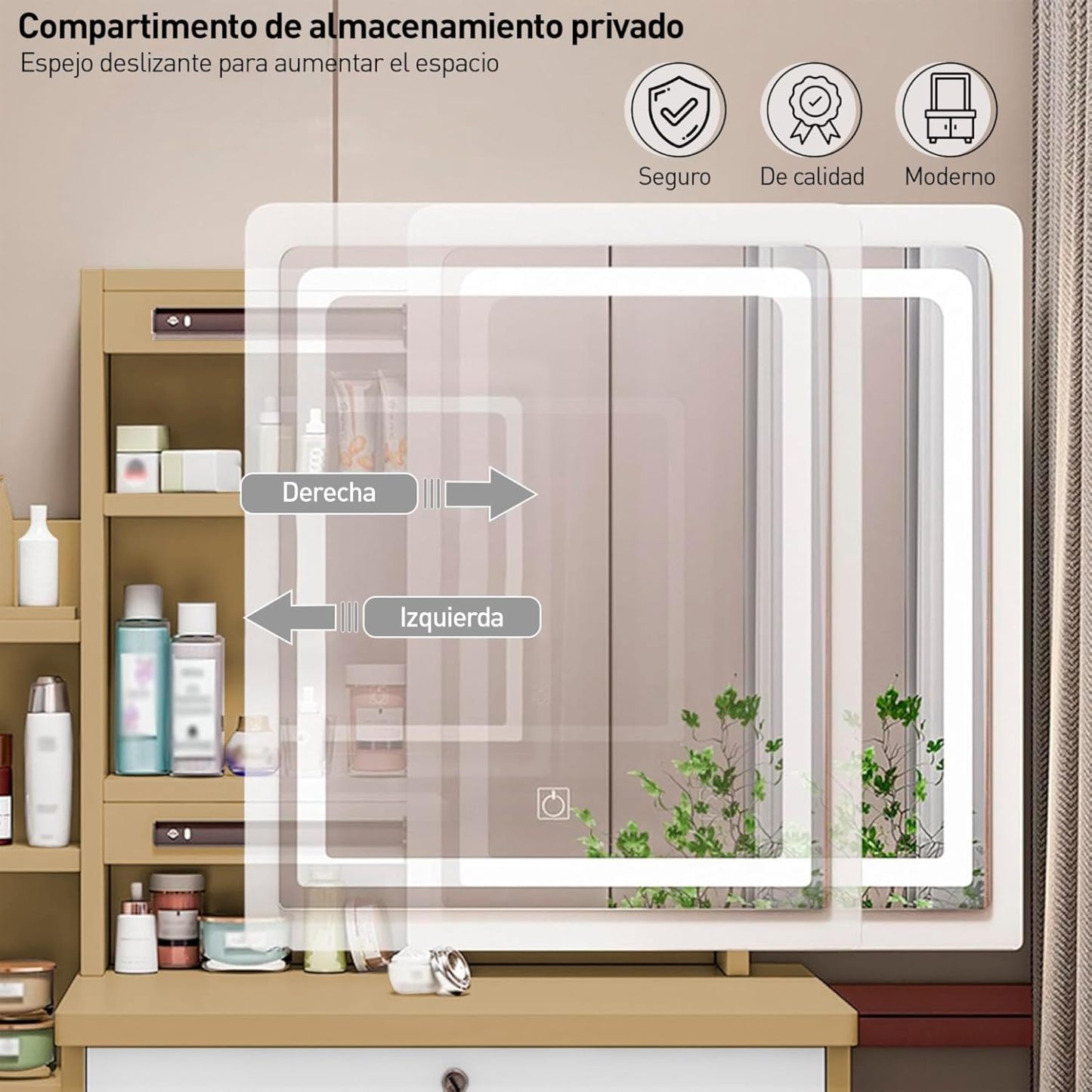 Bluelander Tocador De Niña, Tocador Vanity, Tocador para Niña, Vanity Tocador Hollywood, Tocador de Maquillaje con 4 Cajones, Estantes Ocultos, Incluye Taburete Acolchado, Espejo Led (Gris Claro)