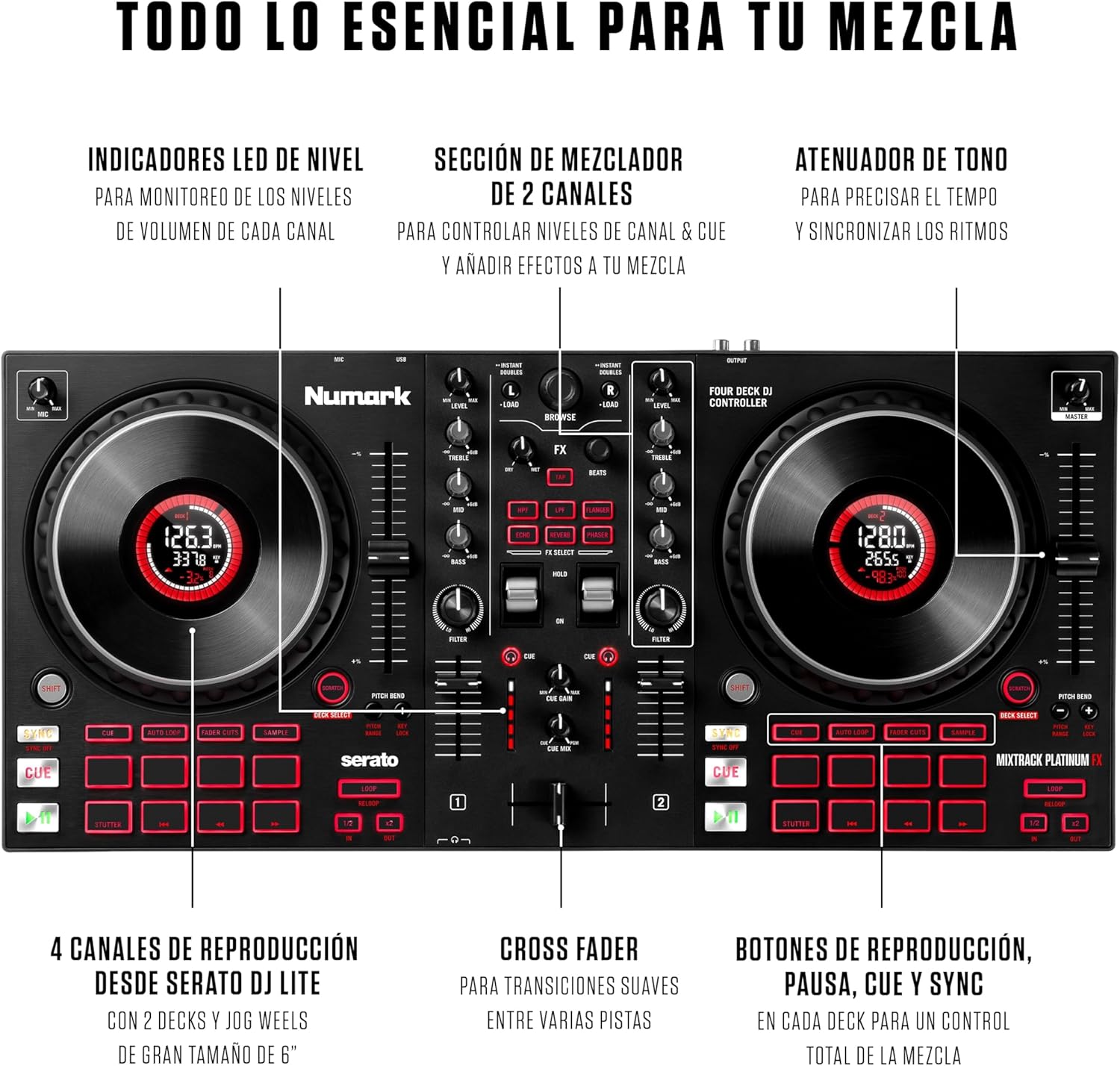 Numark Mixtrack Platinum FX Controlador DJ Para Serato DJ Con Control de 4 Secciones, Mezclador DJ, Interfaz de Audio Incorporada, Pantallas en Las Ruedas de Selección y Paletas de Efectos