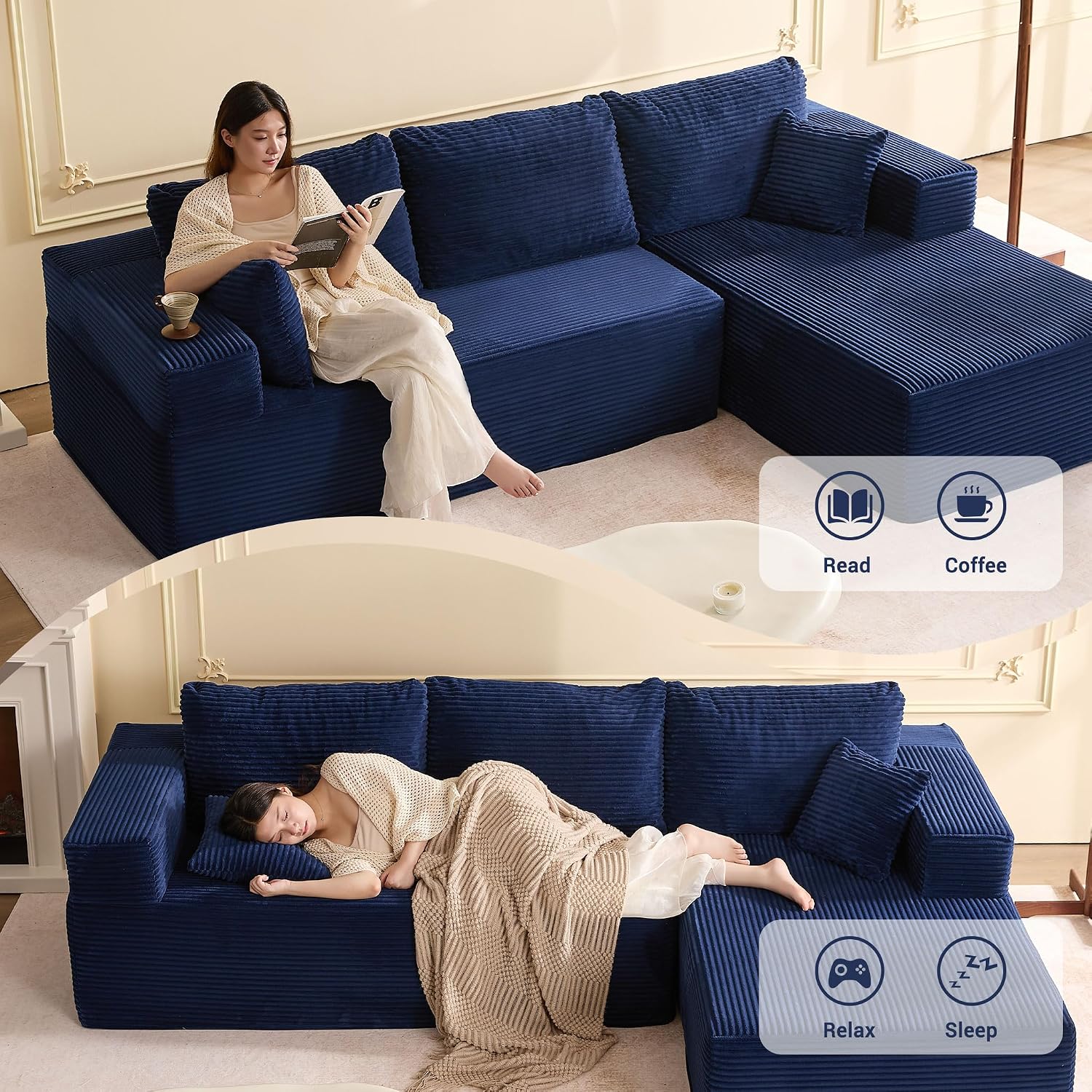 🛋️ Afuson Sofá Modular Seccional en Forma L de 107 Pulgadas, Asiento Profundo, Tapicería de Pana, Sin Montaje, Diseño Deshuesado para Sala de Estar